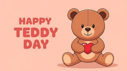 Obraz premium Brown teddy bear holding red heart on pink background with 'happy teddy day' text cute illustration for valentine's day or love concept
