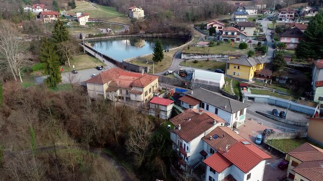 Aerial view of small Italian village of Ferrera di Varese in the province of Varese, Lombardy, Italy