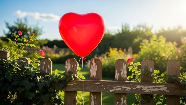 A vibrant red heart-shaped balloon floats above a weathered wooden fence surrounded by lush greenery and flowers on a sunny day - Powered by Adobe