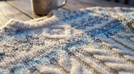 朝の光に包まれたフェアアイル・ニットの質感、手編みウールの温もりを感じる冬の暮らし