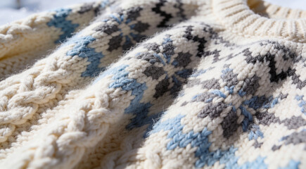 極上の温もりを感じるフェアアイル・ニットの超接写、天然ウールの毛羽立ちと手編みの立体感