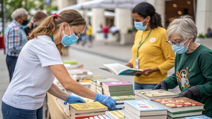 Book fair event downtown street community gathering outdoor market engaging atmosphere promoting literacy