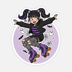 Cartoon illustration of a smiling young girl rollerblading on a lilac background with Halloween-themed decorations.