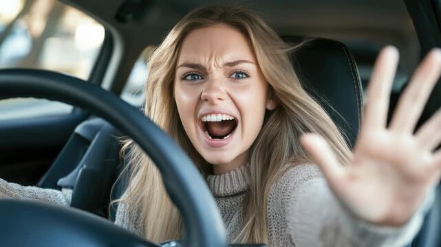 Footage A woman screams in fear or frustration while driving her car on a road
