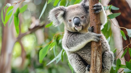 Fototapeta premium Koala Bear Clinging to Tree in Eucalyptus Forest with Green Foliage