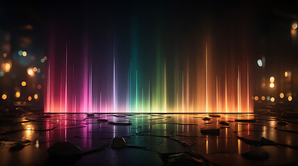 Colorful Dynamic Water Fountain Light Show at Night - Vibrant Illuminated Urban Landscape Background with Reflective Wet Surface and Bokeh Effects