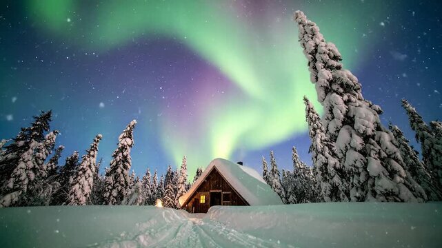 A cozy cabin sits beneath the vibrant aurora borealis, framed by snow-covered trees in a winter landscape