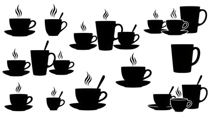 Collection of coffee cup silhouettes isolated on transparent background