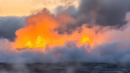 Molten lava erupting from a volcano creating swirling clouds of volcanic ash and geothermal steam over the ocean