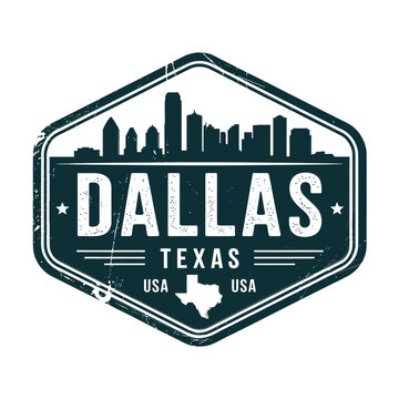 Vintage style dallas texas emblem with city skyline and state outline