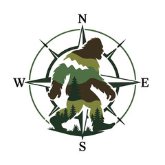 Bigfoot silhouette within a compass rose depicting a wilderness exploration theme