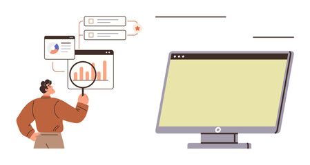 Business strategy, data analysis, monitoring performance, reporting, statistics review, information tracking. Person analyzing charts with graphs on a computer screen. Business strategy and data