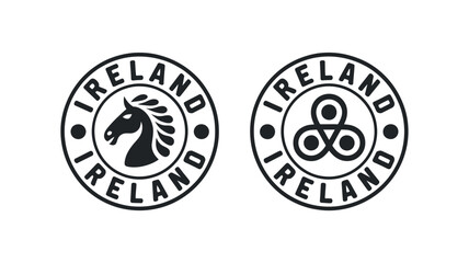Two circular emblems displaying the word Ireland with different central motifs © HABIBULLA
