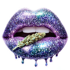 Close up of glittery purple lips holding a cannabis bud on white background