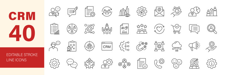 Fototapeta na wymiar CRM icon set. Customer relationship management icon collection. Editable line icons. Vector illustration.