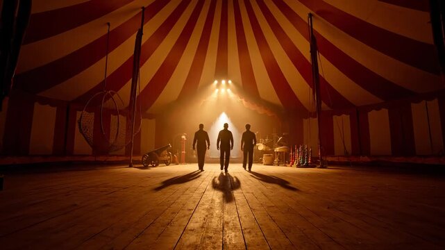 Three performers walk into vintage circus tent. Spotlight highlights dramatic entrance. Anticipation fills air, creating lively atmosphere for entertainment. Captivating performance begins.