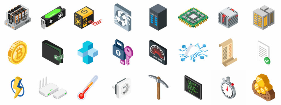 Cryptocurrency Mining and Blockchain Technology Isometric Icon Set, featuring ASIC rigs, GPU, Bitcoin, security, hash rate, and digital transaction elements.