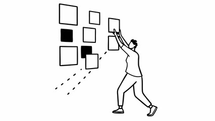 Fototapeta premium Man pulling multiple square-shaped objects towards himself with both hands
