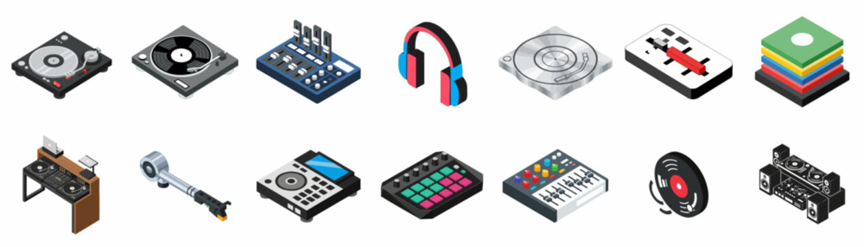 Isometric DJ and Music Production Equipment Icons Set: Collection of Turntables, Mixers, Controllers, Vinyl Records, and Headphones.