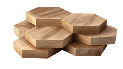 wooden hexagon podium blocks stacked geometric display platforms for product presentation photography on white background