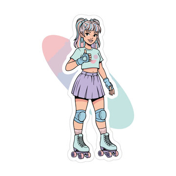 Illustration of a young woman wearing roller skates, knee pads, and protective gear with a pastel color scheme on a white background.