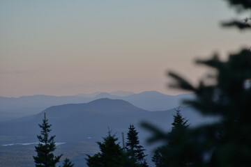 Eastern township area mountains viewed from Orford Mount on a hot summer day at dusk.