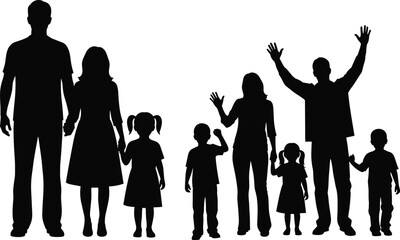 Family silhouettes standing together showing parents and children waving holding hands love unity parenting childhood happiness lifestyle social illustration concept