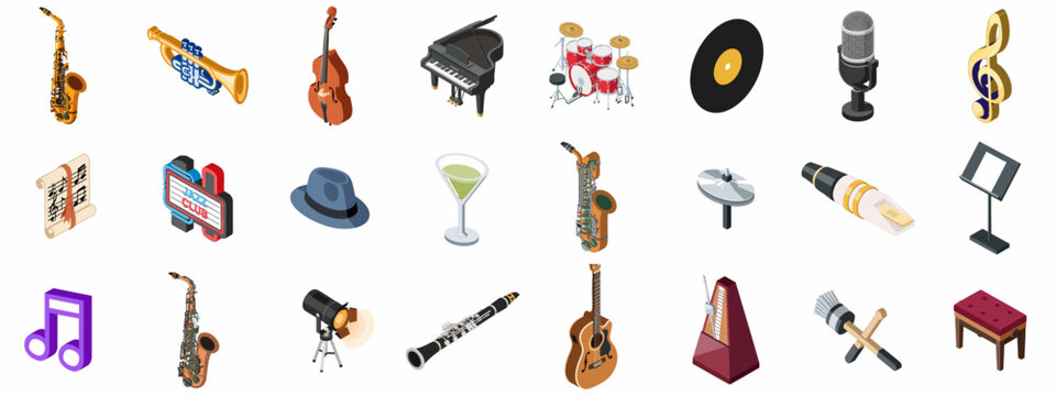 Isometric Jazz Music Icons Set: Instruments, Performance Gear, and Club Elements including Saxophone, Piano, Drums, Microphone, and Vinyl Records.