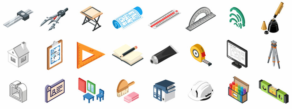 Architectural Design and Engineering Equipment Isometric Icons Set including Drafting Tools, Plans, and Construction Gear.