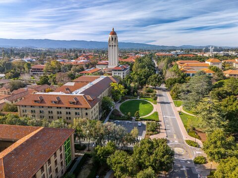 Aerial view of Stanford University, Palo Alto, Silicon Valley, California, USA.	