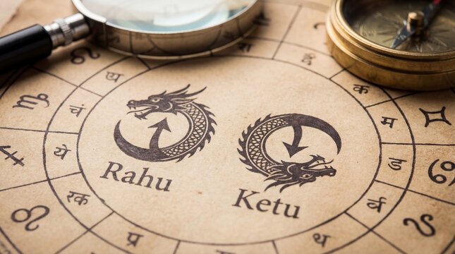 Ancient Vedic astrology chart with Rahu and Ketu dragon symbols examined under magnifying glass. Hindu celestial nodes on zodiac parchment alongside brass compass. Mystical divination and cosmic