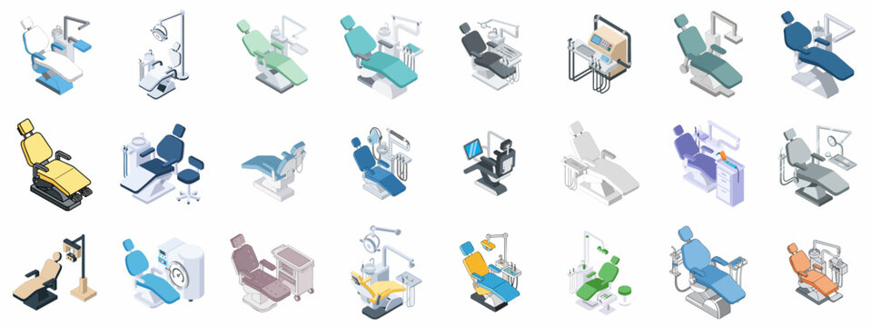 Isometric Dental Chair Units and Dentist Equipment Icon Set: A diverse collection of modern dentistry furniture and instruments for professional healthcare design.
