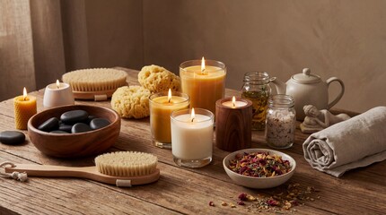 A serene spa setup with candles, towels, and natural ingredients on a wooden table