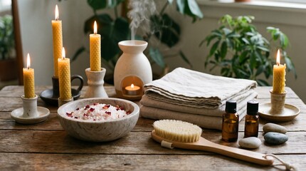 A serene spa setup with candles, towels, and essential oils on a rustic wooden table near a window with plants