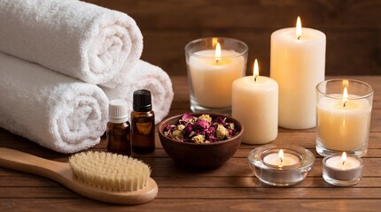 Spa and wellness setup with towels, candles, and flowers on a wooden table for relaxation and selfcare treatment