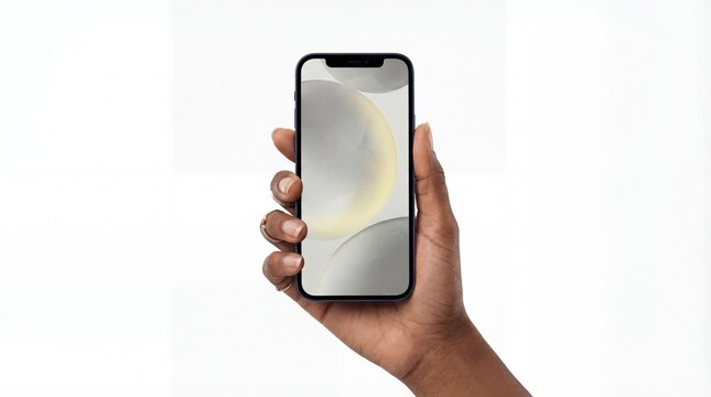 A hand holding a smartphone with a reflective screen on a white background