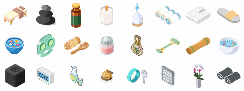 Isometric Spa and Wellness Icon Collection: Relaxation Essentials, Aromatherapy, Massage Tools, and Beauty Products for Health and Luxury.