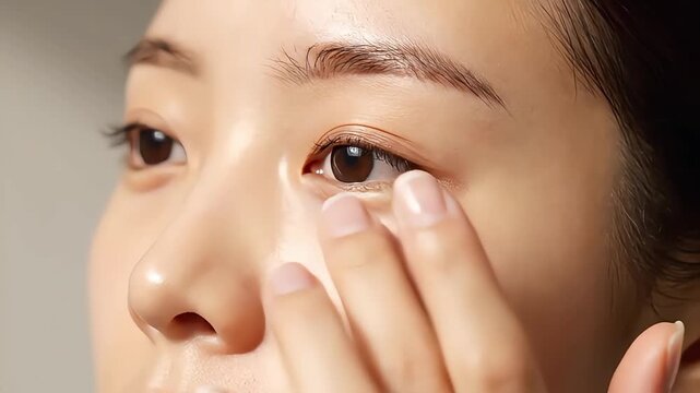 Young Asian woman applying moisturizing cream under her eye for skincare.