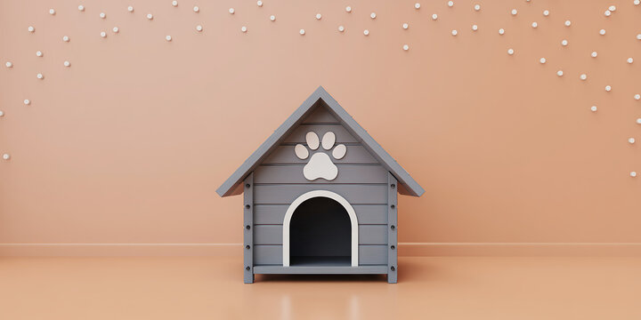 3D Render of a Modern Blue Wooden Dog House with Bone Signboard Isolated on White Background