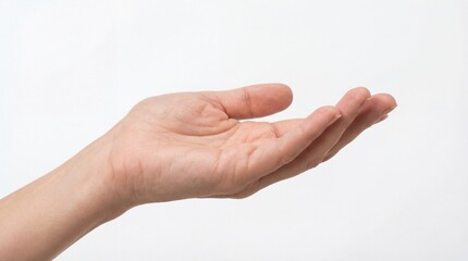 A persons left hand palm facing upwards isolated on white background with fingers together