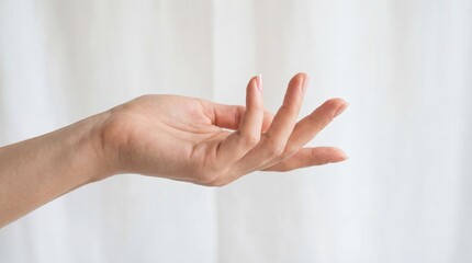 A persons left hand with fingers spread apart on a white curtain background