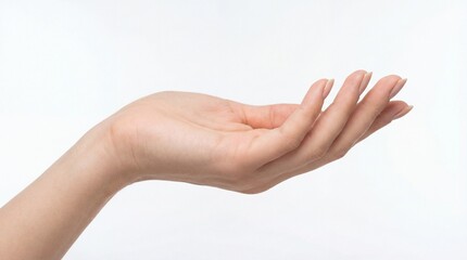 A fairskinned hand with palm facing upwards isolated on white background