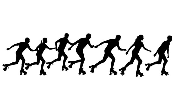 Dynamic silhouettes of a group of people roller skating together in unison