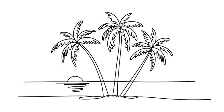 One continuous line drawing of three palm trees on a tropical beach at sunset Vector, illustration