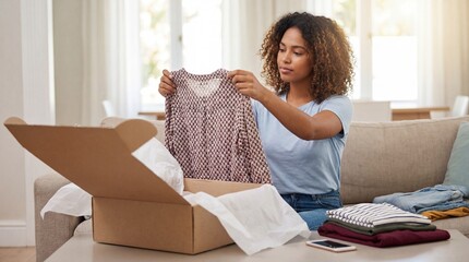 A woman sitting on a couch unpacking clothing from a cardboard box in a bright living room