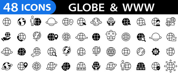 Globe and www icon set. Search bar elements, planet earth, green planet, global, internet, ecology, global warming, geography. Editable stroke. Vector illustration. © vectorsanta