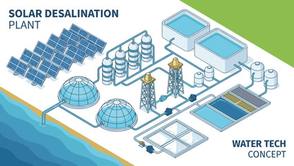 Isometric solar desalination plant. Renewable energy water treatment facility. Photovoltaic panels system. Clean drinking water purification. Eco friendly industrial technology concept