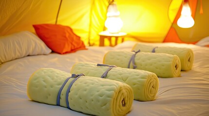 Rolled sleeping mats tied with elastic straps lie ready on a bed inside a tent