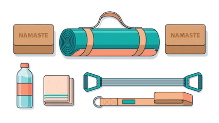 Yoga equipment set vector. Fitness accessories flat lay. Pilates mat, cork blocks, bottle, towel, strap, expander. Gym workout gear. Healthy lifestyle concept. Sport training kit.