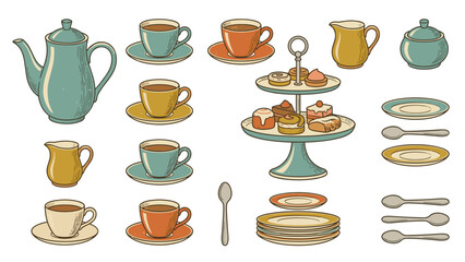 Vintage tea set vector collection. Retro coffee party knolling. Teapot cups cake stand. Hand drawn kitchenware. Breakfast pastry engraving. Antique ceramic service. Afternoon tea.